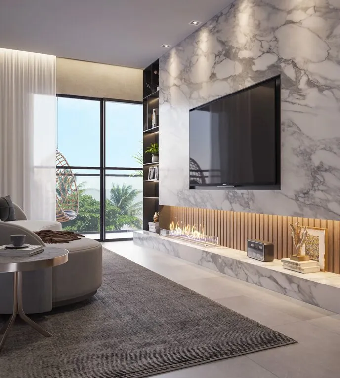 Sala e varanda com lareira do Urban Blue View