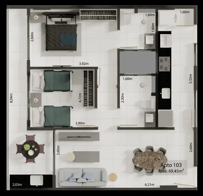 Planta baixa Apto 103, 2 quartos sendo 1 suíte, área 69,45m²