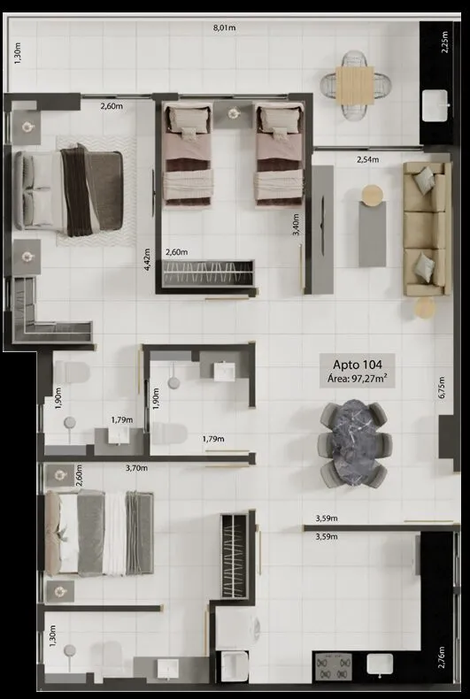 Planta baixa Apto 104, 3 quartos sendo 2 suítes, área 97,27m²