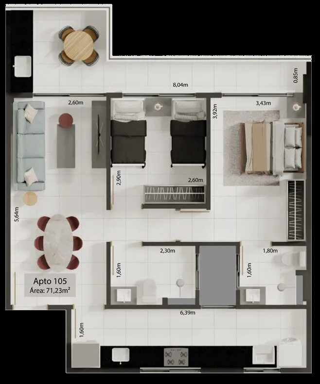 Planta baixa Apto 105, 2 quartos sendo 1 suíte, área 71,23m²
