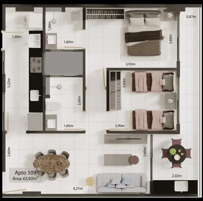 Planta baixa Apto 109, 2 quartos sendo 1 suíte, área 63,92m²