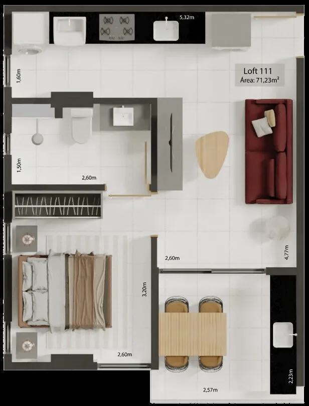 Planta baixa Loft 111, 1 quarto suíte, área 71,23m²