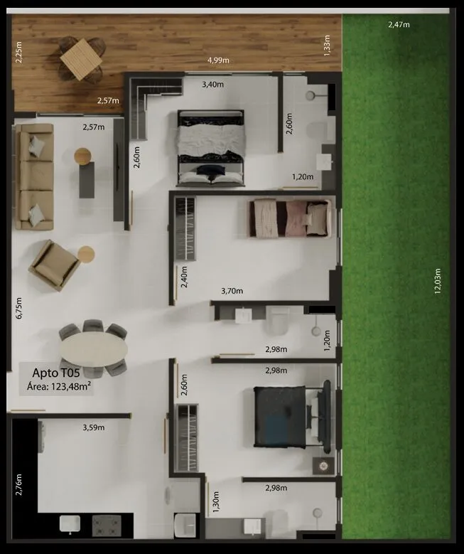 Planta baixa Apto T05 garden, 3 quartos sendo 2 suítes, área 123,48m²