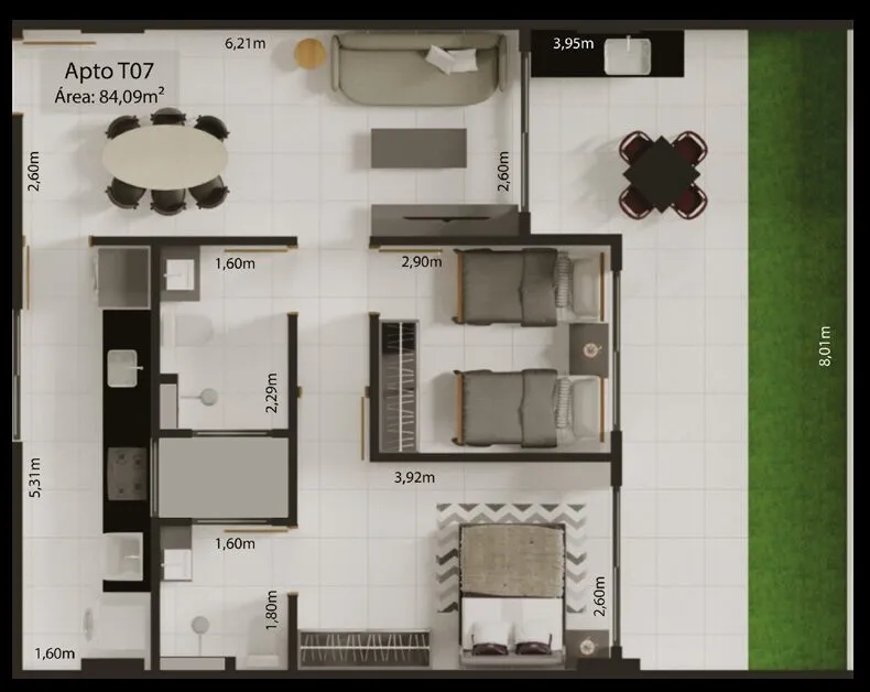 Planta baixa Apto T07 garden, 2 quartos sendo 1 suíte, área 84,09m²