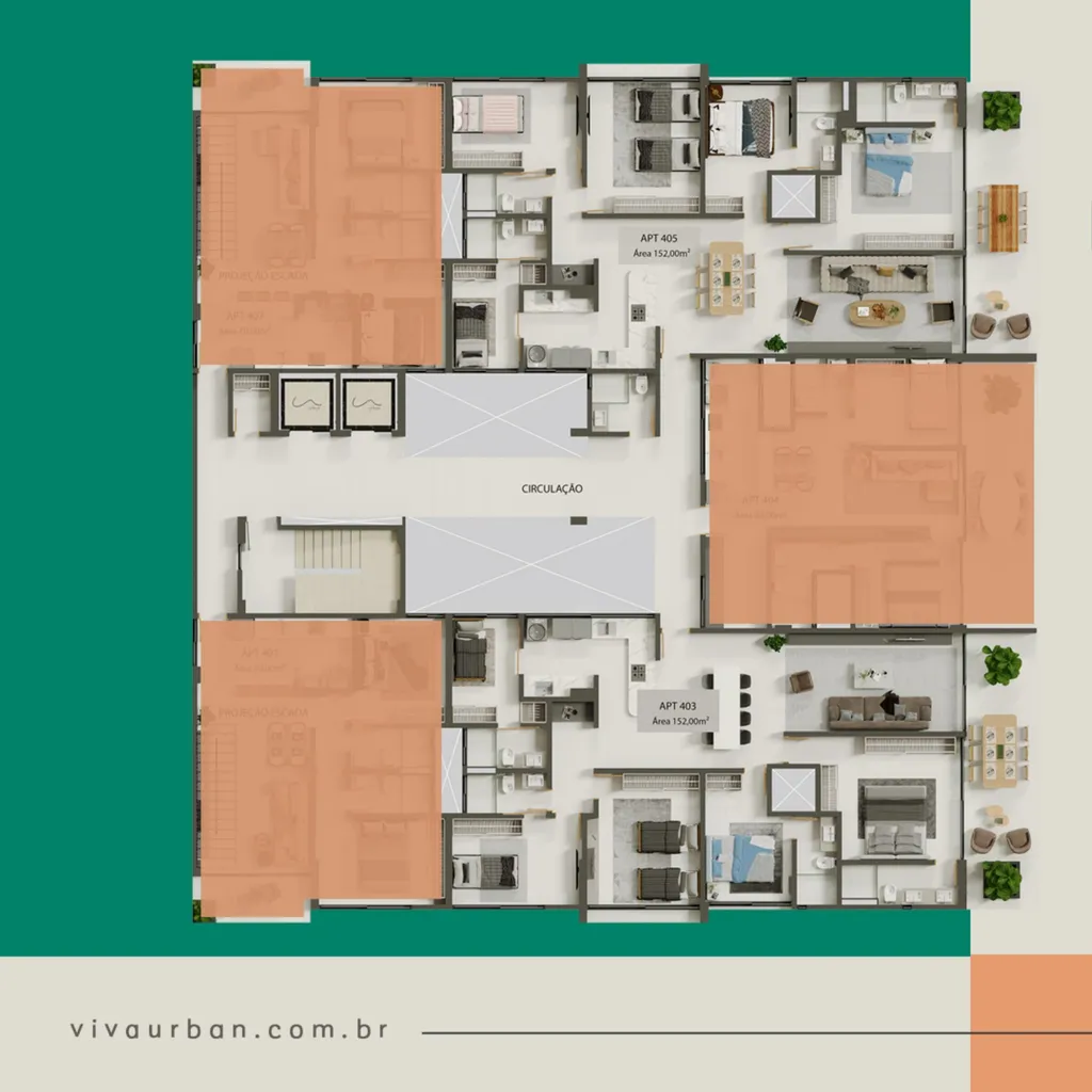 Planta baixa Pavimento 4, 152m², 4 quartos sendo 3 suítes
