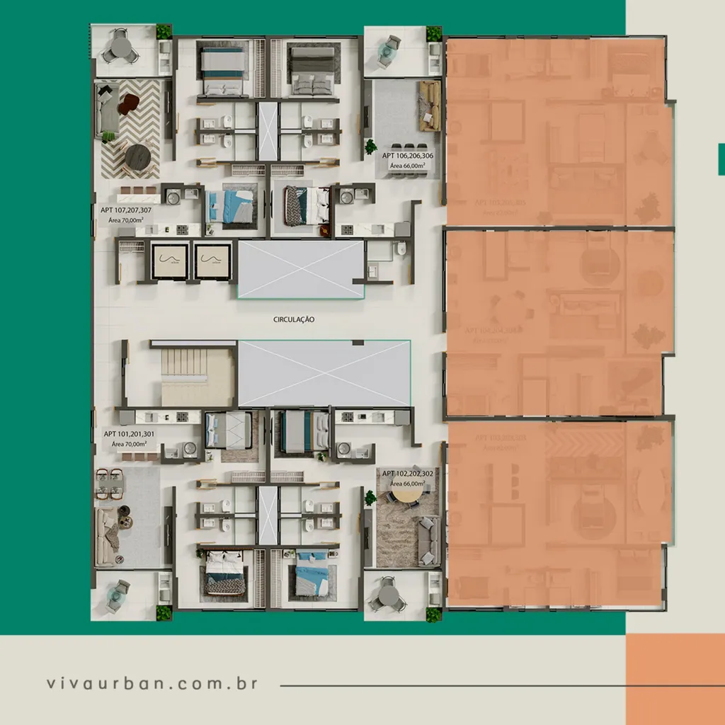 Planta baixa Pavimentos Tipo, 66m² a 70m², 2 quartos sendo 2 suítes