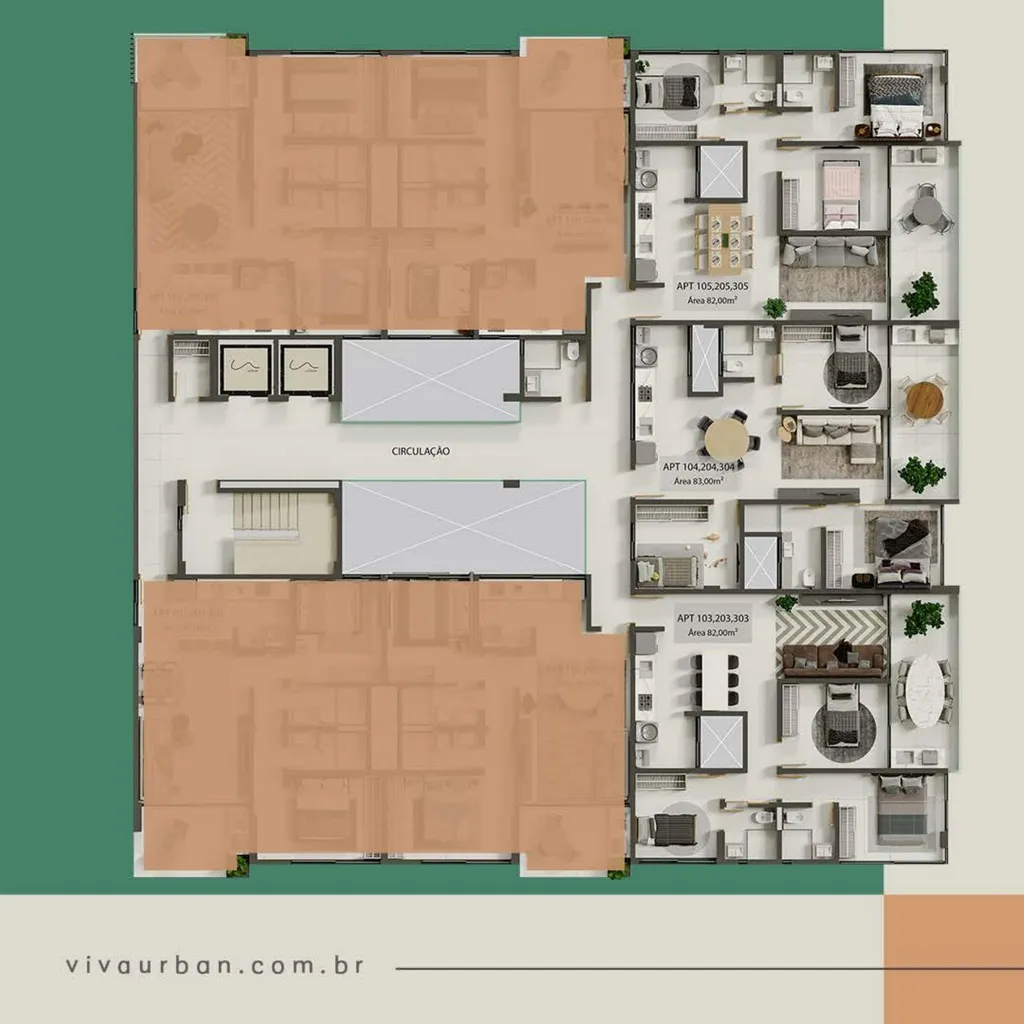 Planta baixa Pavimentos Tipo, 82m² e 83m², 3 quartos sendo 2 suítes
