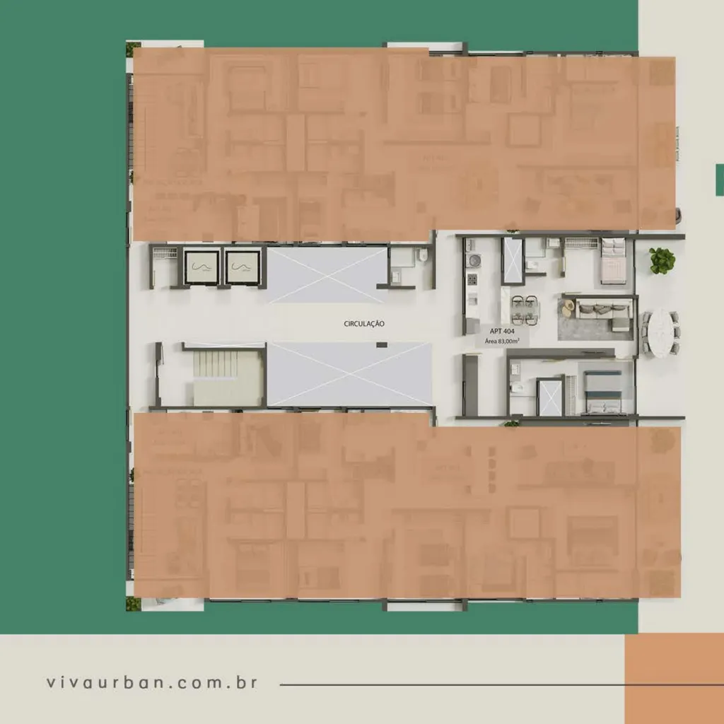 Planta baixa Pavimento 4, 83m², 3 quartos sendo 2 suítes