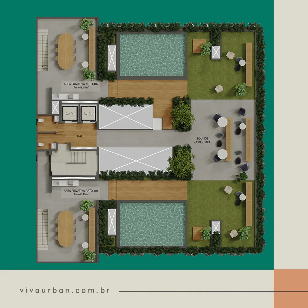 Planta da Cobertura com Lounge Pool e duas piscinas
