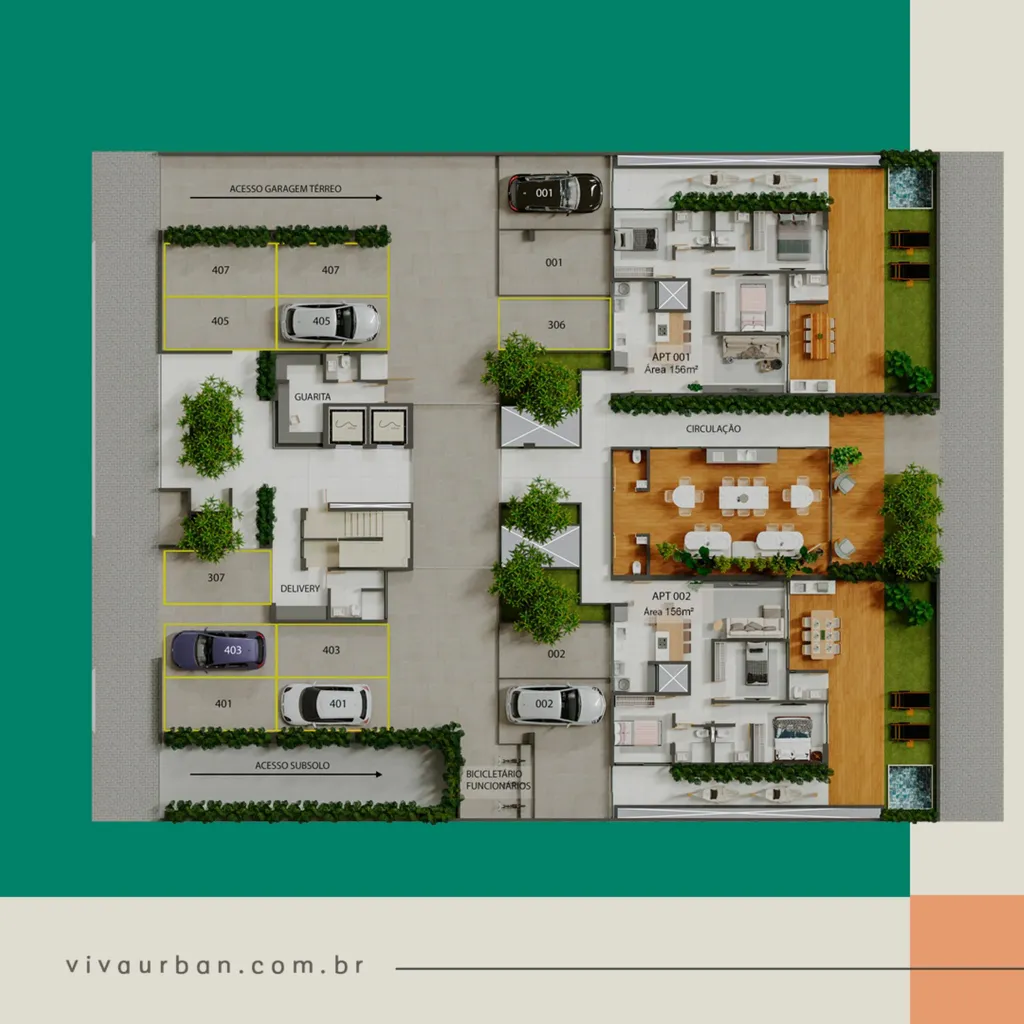 Planta baixa Pavimento Térreo, garden 156m², 3 quartos sendo 2 suítes
